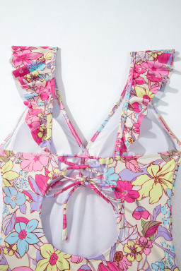 Pink Floral Ruffle Trim V Neck Backless One Piece Swimsuit