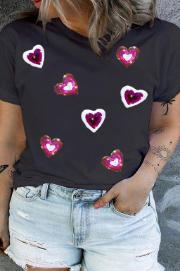 Black Heart Patched Graphic Crewneck Plus Size Valentines T Shirt