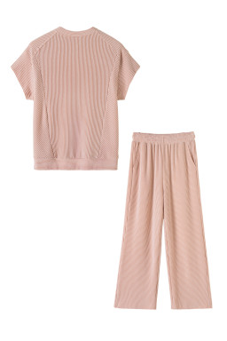 Solid Corded Short Sleeve T Shirt And Wide Leg Pants Set
