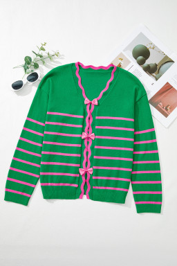 Green Stripe Non-detachable Bow Drop Sleeve Cardigan