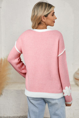 Pink Floral Patched Contrast Trim V Neck Sweater