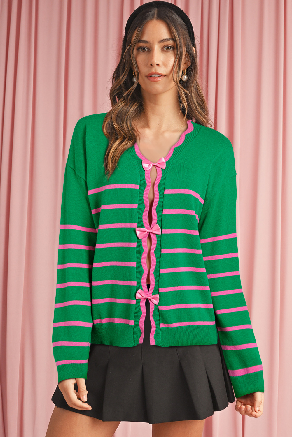 Green Stripe Non-detachable Bow Drop Sleeve Cardigan