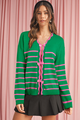 Green Stripe Non-detachable Bow Drop Sleeve Cardigan
