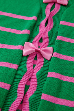 Green Stripe Non-detachable Bow Drop Sleeve Cardigan