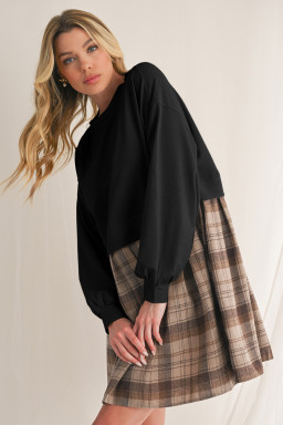 Black Plaid Patchwork High Waist Sweatshirt Mini Dress