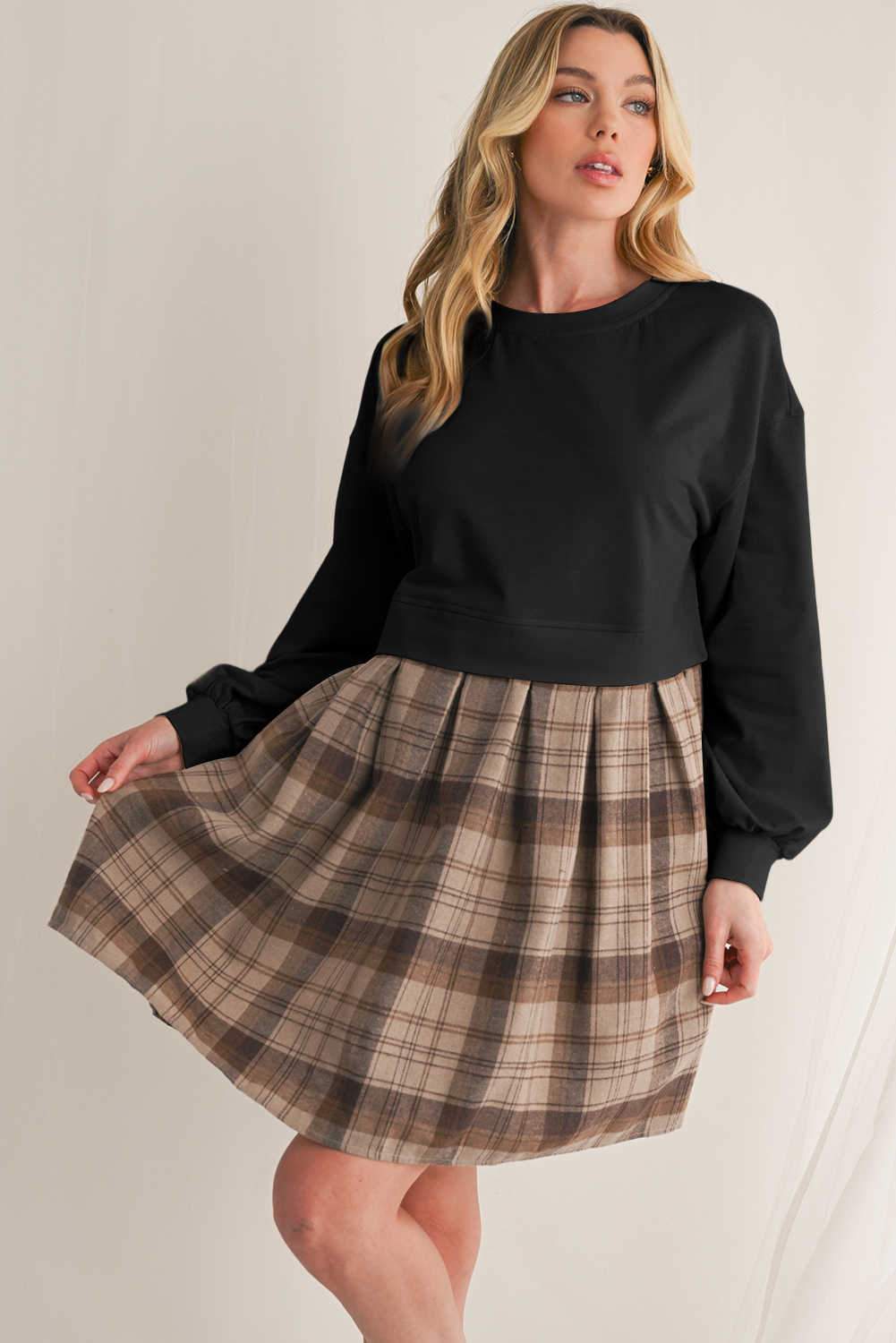 Black Plaid Patchwork High Waist Sweatshirt Mini Dress