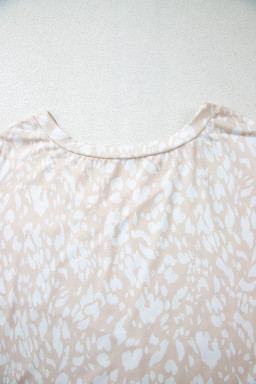 Khaki Leopard Print V Neck Side Slit Loose Fit T-Shirt