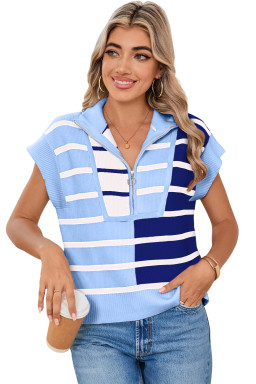 Sky Blue Stripe Quarter Zip Collar Knit Vest