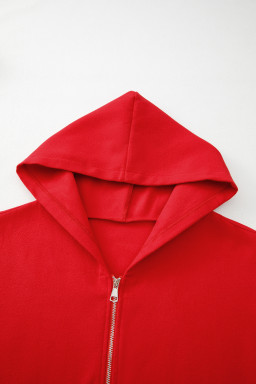 Fiery Red Solid Color Casual Zipper Hooded Jacket