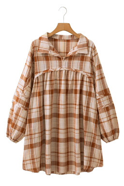 Brown Plaid Print Side Pockets Frill Babydoll Mini Dress
