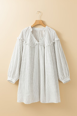 White Plaid Frill Detail Flowy Mini Dress