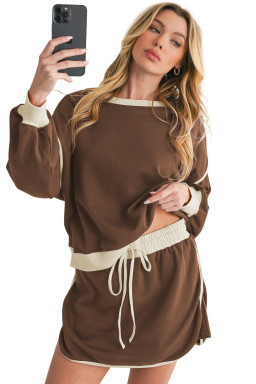 Coffee Contrast Trim Loose Pullover and Lace-up Waist Skort Set