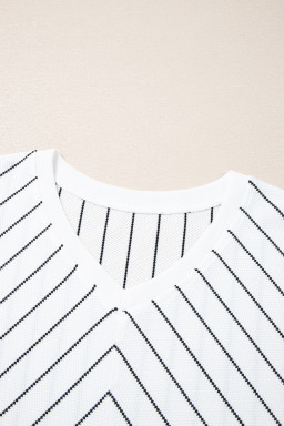 Black Stripe V Neck Long Sleeve Waffle Knit Top