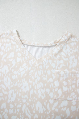 Khaki Leopard Print V Neck Side Slit Loose Fit T-Shirt