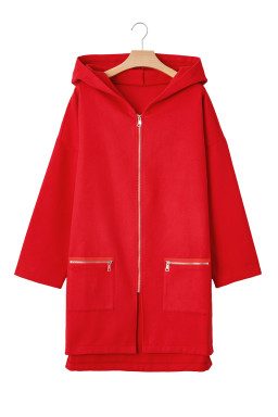 Fiery Red Solid Color Casual Zipper Hooded Jacket