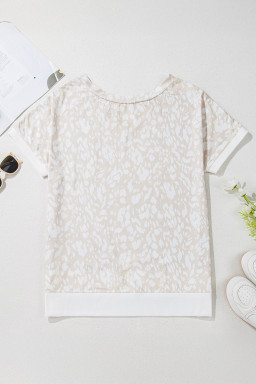 Khaki Leopard Print V Neck Side Slit Loose Fit T-Shirt