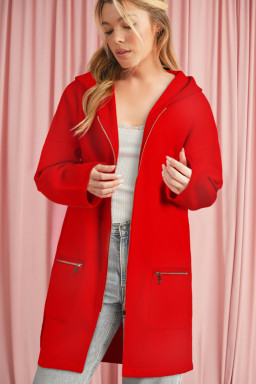 Fiery Red Solid Color Casual Zipper Hooded Jacket