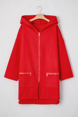 Fiery Red Solid Color Casual Zipper Hooded Jacket