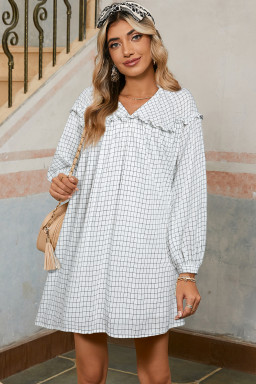 White Plaid Frill Detail Flowy Mini Dress