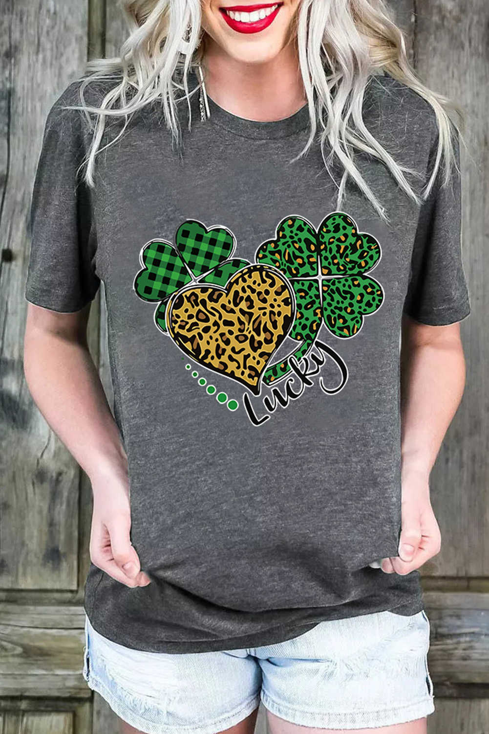 Gray Grey Leopard Plaid Heart Clover Graphic Print Short Sleeve T Shirt