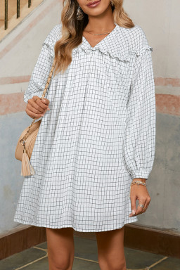 White Plaid Frill Detail Flowy Mini Dress