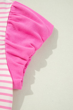 Pink Stripe Cap Puff Sleeve Pop of Color Neckline Blouse