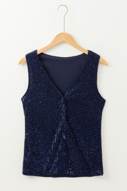 Dirty Blue Sequin Deep V Neck Buttoned Sleeveless Top