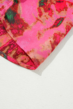 Rose Abstract Print Frill Neckline Smocked Puff Sleeve Blouse