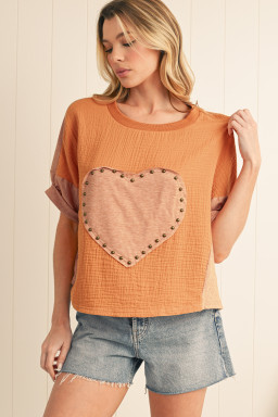 Desert Gold Stud Heart Patch Textured Dolman Top