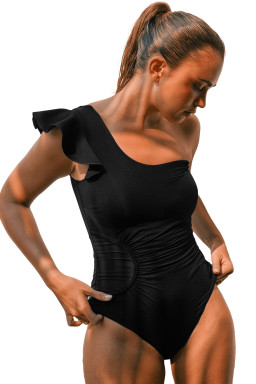 Black Asymmetric Ruffle Shoulder Ruched One Piece Swimsuit