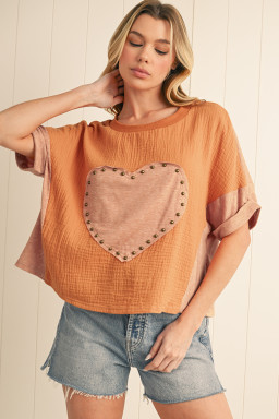 Desert Gold Stud Heart Patch Textured Dolman Top