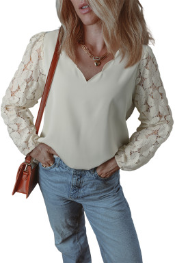 White Scalloped V Neckline Lace Hollowed Lantern Sleeve Blouse