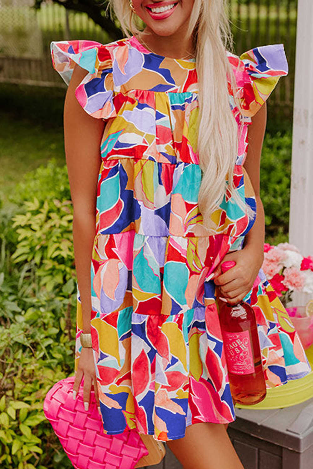 Minivestit en grades amb màniga volant estampada abstracta rosa