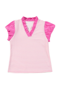 Pink Stripe Cap Puff Sleeve Pop of Color Neckline Blouse