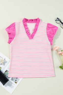 Pink Stripe Cap Puff Sleeve Pop of Color Neckline Blouse