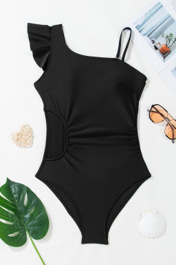 Black Asymmetric Ruffle Shoulder Ruched One Piece Swimsuit