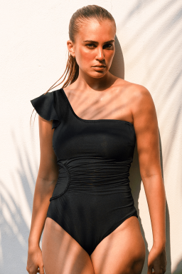 Black Asymmetric Ruffle Shoulder Ruched One Piece Swimsuit