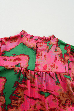 Rose Abstract Print Frill Neckline Smocked Puff Sleeve Blouse