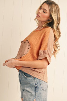 Desert Gold Stud Heart Patch Textured Dolman Top