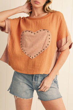 Desert Gold Stud Heart Patch Textured Dolman Top