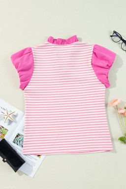 Pink Stripe Cap Puff Sleeve Pop of Color Neckline Blouse