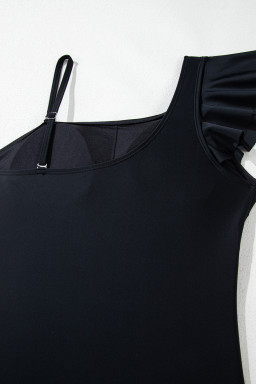 Black Asymmetric Ruffle Shoulder Ruched One Piece Swimsuit
