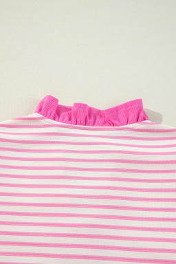 Pink Stripe Cap Puff Sleeve Pop of Color Neckline Blouse