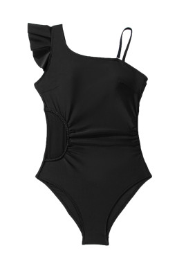 Black Asymmetric Ruffle Shoulder Ruched One Piece Swimsuit