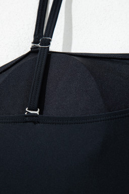 Black Asymmetric Ruffle Shoulder Ruched One Piece Swimsuit