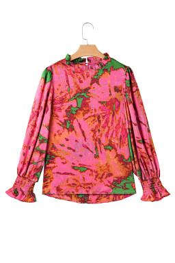 Rose Abstract Print Frill Neckline Smocked Puff Sleeve Blouse