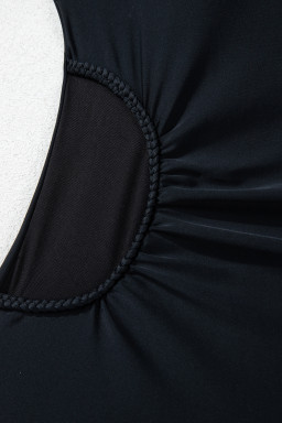 Black Asymmetric Ruffle Shoulder Ruched One Piece Swimsuit