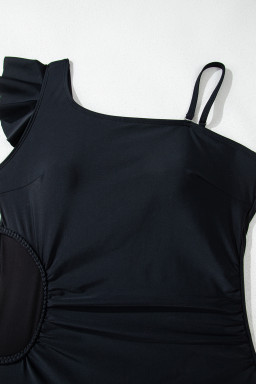 Black Asymmetric Ruffle Shoulder Ruched One Piece Swimsuit