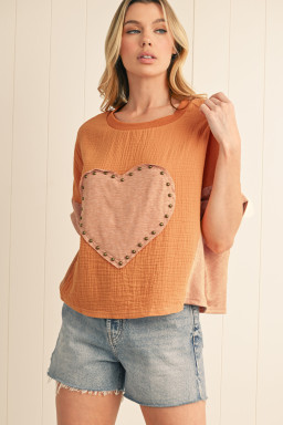 Desert Gold Stud Heart Patch Textured Dolman Top