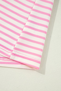Pink Stripe Cap Puff Sleeve Pop of Color Neckline Blouse